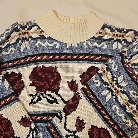 Donna Scott Vintage Light Blue & Burgandy Floral Turtleneck Sweater medium - Picture 2 of 7